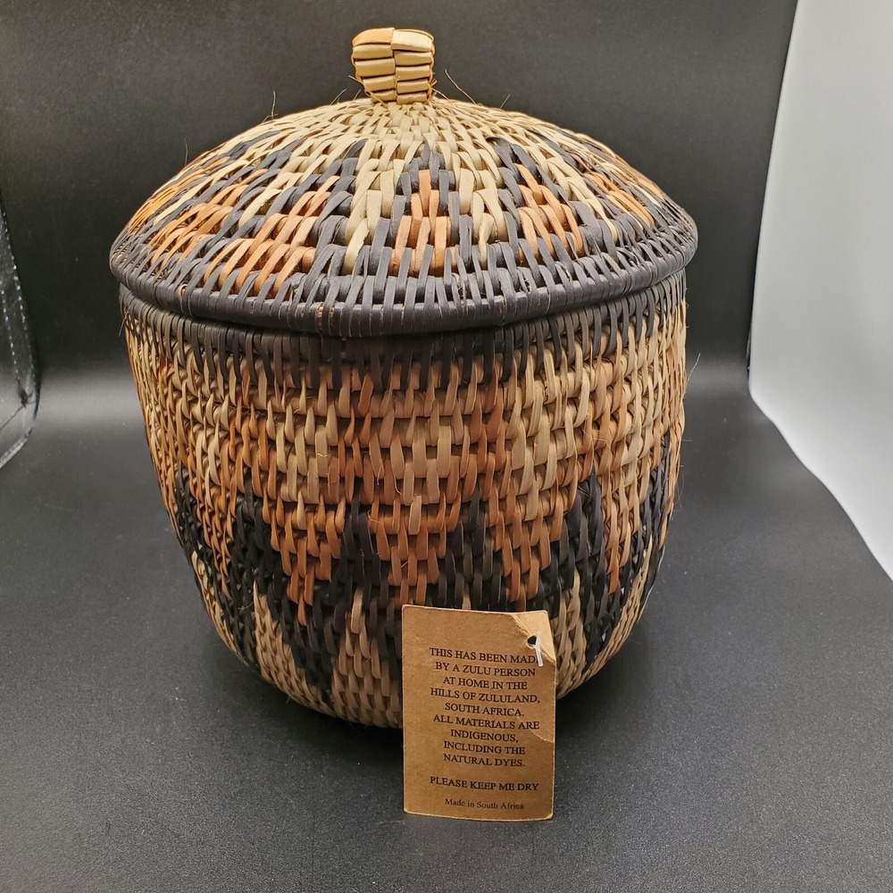 African Zulu Tribal Hand Woven Basket Lidded Traditional with Tag Herb Spells